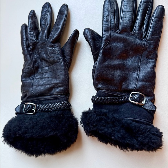 UGG Black Leather Gloves with Fur Trim